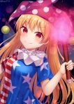  1girl american_flag_dress blonde_hair breasts closed_mouth clownpiece dark_background dress fairy_wings hat highres holding holding_torch jester_cap light_smile long_hair looking_at_viewer neck_ruff pink_headwear polka_dot red_eyes runa_(runa7733) short_sleeves small_breasts solo star_(symbol) star_print torch touhou upper_body v-shaped_eyebrows very_long_hair wings 