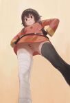  1girl :&lt; bandaged_leg bandages bar_censor belt belt_buckle black_thighhighs buckle censored cowboy_shot dress fingerless_gloves from_below gloves hands_on_own_hips highres kono_subarashii_sekai_ni_shukufuku_wo! long_sleeves megumin no_panties petite pussy red_dress red_eyes short_hair_with_long_locks simple_background single_thighhigh solo thighhighs xickun4 yellow_background 