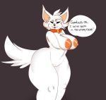  anthro big_breasts breasts canid canine canis collar dialogue domestic_dog eyes_closed fur mammal nude pokebii simple_background thick_thighs white_body white_fur wide_hips 