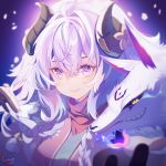  1girl breasts closed_mouth gradient_background grin hair_between_eyes hand_up highres horns kindred_(league_of_legends) lamb_(league_of_legends) large_breasts league_of_legends long_hair petals pink_eyes purple_background sharp_teeth smile solo spirit_blossom_kindred teeth upper_body wing_(39_miku831) wolf_(league_of_legends) 