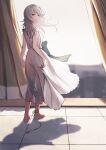  1girl anklet bare_arms bare_shoulders barefoot blurry blurry_background bow chinese_commentary commentary curtains dress from_behind full_body green_bow green_eyes heart highres ikooto111 jewelry long_dress long_hair looking_back nier nier_(series) scene_reference see-through_silhouette sideless_dress solo spoilers tile_floor tiles waist_bow white_dress white_hair window yellow_curtain yonah 
