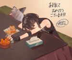  2girls arknights black_gloves black_hair black_shirt breasts cup feather_hair fingerless_gloves food frostleaf_(arknights) fruit gloves grey_hair highres holding holding_food holding_fruit kotatsu la_pluma_(arknights) mandarin_orange multiple_girls napkin purple_eyes shirt short_hair sleeping sleeveless sleeveless_shirt small_breasts steam suzubotan table tissue_box under_kotatsu under_table zzz 