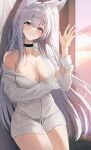  1girl absurdres animal_ear_fluff animal_ears black_choker black_panties blush breasts choker cleavage closed_mouth collarbone collared_shirt commentary english_commentary fang fox_ears grey_hair hair_between_eyes hand_up highres large_breasts long_hair long_sleeves looking_at_viewer mole mole_under_eye no_pants original panties panties_visible_through_clothes purple_eyes shirt single_bare_shoulder smile solo themaree unbuttoned_sleeves underwear white_shirt 
