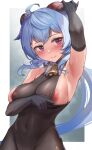  1girl 3: ahoge areola_slip areolae arm_up armpits bare_shoulders bell black_gloves black_legwear black_leotard blue_hair blush border breasts closed_mouth covered_navel covered_nipples cowboy_shot elbow_gloves ganyu_(genshin_impact) genshin_impact gloves highres horns large_breasts leotard leotard_pull long_hair looking_at_viewer low_ponytail neck_bell nipples outside_border padoruu pantyhose pulled_by_self purple_eyes solo very_long_hair white_border 