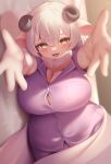 2023 4_fingers absurd_res anthro bed big_breasts blush bottomwear bovid breasts button_(fastener) caprine cleavage clothed clothing colored curled_horn digital_media_(artwork) female female_anthro fingers fully_clothed fur furniture glistening glistening_eyes grey_horn hair hi_res horn huge_breasts kemono kemonoyou looking_at_viewer mammal monotone_body monotone_ears monotone_fur monotone_hair neck_tuft on_bed open_mouth open_smile pajamas pink_inner_ear pink_tongue purple_bottomwear purple_clothing purple_topwear shaded sheep smile solo straining_buttons tongue topwear tuft under_covers white_body white_ears white_fur white_hair yellow_eyes