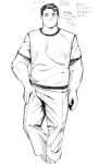  1boy bara contrapposto dyzd1 expressionless forearms greyscale highres looking_at_viewer male_focus monochrome muscular muscular_male original pants shirt short_hair sideburns_stubble solo t-shirt thick_eyebrows thick_neck translation_request 