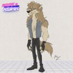 absurd_res anthro belt biped blue_eyes bottomwear canid canine canis clothed clothing ear_piercing ear_ring fenris_vanderwulf footwear fur hi_res male mammal pants piercing ring_piercing rock_and_roar rockandroar shoes solo tail wolf
