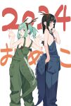  2024 2girls black_eyes black_hair blue_overalls brown_eyes chinese_zodiac dragon_horns dragon_tail embarrassed fake_horns fake_tail green_hair green_overalls highres horns long_hair looking_at_viewer looking_back muchi_maro multiple_girls no_bra otori-tan overalls ponytail round_eyewear seitokai_nimo_anawa_aru! sidelocks smile standing tail terui_arisu year_of_the_dragon 