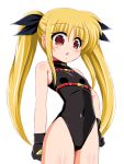  1girl black_gloves black_leotard black_ribbon blonde_hair covered_navel cowboy_shot fate_testarossa gloves hair_ribbon leotard long_hair looking_at_viewer lyrical_nanoha mahou_shoujo_lyrical_nanoha red_eyes ribbon simple_background solo standing strapless strapless_leotard twintails white_background yaeba 