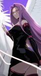  1girl ass bare_shoulders bell bell_choker breasts bum_hico choker facial_mark fate/stay_night fate_(series) forehead_mark from_below from_side glowing glowing_eyes highres large_breasts long_hair looking_at_viewer pegasus purple_hair red_eyes rider thighhighs thighs very_long_hair white_feathers wings 