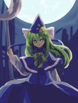  1girl blue_capelet blue_headwear blue_skirt blue_vest bright_pupils capelet commentary_request flat_chest green_eyes green_hair green_pupils holding holding_scepter kaigen_1025 long_hair long_sleeves looking_at_viewer mima_(touhou) neck_ribbon open_mouth pointy_hat ribbon scepter shirt skirt smile solo touhou touhou_(pc-98) vest white_shirt yellow_ribbon 