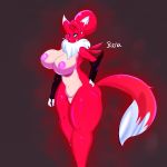  1:1 anthro areola armwear big_breasts breasts bridal_gauntlets canid chest_tuft clothing digimon digimon_(species) dipstick_tail female fur gloves gloves_only hand_on_hip handwear handwear_only mammal mostly_nude multicolored_tail neck_tuft nipples pokebii red_body red_fur renamon solo tuft wide_hips 