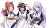  3girls :d alternate_costume apron arm_up black_dress black_hair breasts brown_eyes brown_hair closed_mouth commentary_request dress enmaided frilled_apron frills grey_hair gyozanuko hair_between_eyes holding holding_tray juliet_sleeves kohaku_yuri long_sleeves maid maid_apron maid_headdress medium_breasts multiple_girls nanashi_inc. plate ponytail puffy_short_sleeves puffy_sleeves red_eyes sample_watermark shimamura_charlotte short_sleeves smile tail tray virtual_youtuber watermark white_apron yunohara_izumi 