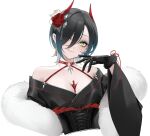  1girl azur_lane black_corset black_gloves black_hair breasts chest_jewel cleavage collarbone corset cross earrings flower frills fur_trim gem gloves hair_between_eyes hair_ornament happy_new_year highres horns iron_cross japanese_clothes jewelry kimono looking_at_viewer multicolored_hair new_year off_shoulder ohisashiburi piercing red_flower red_rose rose short_hair smile tassel tassel_earrings two-tone_hair ulrich_von_hutten_(azur_lane) white_background yellow_eyes 