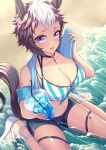  1girl absurdres animal_ears bare_shoulders beach bikini black_choker blue_shorts breasts choker cleavage commentary_request cup disposable_cup drinking_straw grey_hair highres holding holding_cup horse_ears large_breasts mejiro_ryan_(umamusume) navel ocean purple_eyes same_kujira_(challenger_310) shoes short_hair short_shorts shorts sitting solo stomach striped striped_bikini swimsuit thigh_strap thighs umamusume vertical-striped_bikini vertical_stripes wariza water white_footwear white_hair 