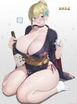 1girl 2024 :d aymusk black_choker black_kimono blonde_hair blue_eyes blush bottle breasts choker cleavage commentary_request cup curvy fang freckles freckles-chan_(aymusk) grey_background heart highres holding holding_cup huge_breasts japanese_clothes kimono looking_at_viewer mole mole_on_breast nail_polish new_year obi open_mouth original panties red_panties sash shiny_skin side-tie_peek simple_background skin_fang smile socks solo spoken_heart thick_eyebrows thick_thighs thighs underwear white_socks wide_sleeves wine_bottle 