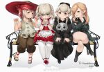  4girls annoyed apron bare_legs belt belt_pouch black_cloak black_footwear black_socks blonde_hair blue_eyes brown_footwear brown_hair brown_pants claw_pose cloak closed_mouth commission crossed_legs crying crying_with_eyes_open dress final_fantasy final_fantasy_xiv frilled_dress frilled_wristband frills green_eyes green_jacket guippang hands_on_own_chest hat jacket jingasa kneehighs lalafell light_blush long_hair looking_at_another looking_at_viewer maid_apron mask multiple_belts multiple_girls open_mouth orange_hair own_hands_together pants pantyhose pouch puffy_short_sleeves puffy_sleeves red_dress red_footwear sandals short_hair short_sleeves shy silver_mask simple_background sitting_on_bench smile socks tears twintails unworn_mask warrior_of_light_(ff14) white_apron white_pantyhose 