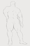  1boy anatomy ass bara beard_stubble completely_nude dyzd1 facing_away from_below full_body greyscale highres male_focus mature_male monochrome muscular muscular_male nude original short_hair sketch solo standing thick_thighs thighs 