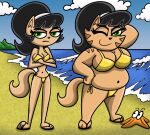 anthro beach belly big_breasts black_hair breasts duo felid feline female gold_bikini green_eyes hair hi_res jealous kitty_katswell looking_at_viewer mammal mrs._katswell navel nickelodeon one_eye_closed overweight overweight_female seaside shinragod t.u.f.f._puppy thick_thighs wink winking_at_viewer