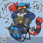 anthro archie_(pokemon) bandanna chair clothing cosplay costume domestic_cat felid feline felis furniture gag generation_7_pokemon hi_res hotspok incineroar jewelry kerchief male mammal necklace nintendo pokemon pokemon_(species) skinsuit solo struggling tape tape_gag team_aqua tight_clothing