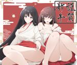  2girls ass black_hair blush breasts brown_eyes brown_hair closed_mouth commentary_request covering_breasts covering_privates embarrassed hair_between_eyes hakama hakama_skirt highres japanese_clothes kimono kurusux large_breasts long_hair looking_at_viewer miko multiple_girls new_year open_mouth original panties red_background red_hakama red_skirt sidelocks sitting skirt smile thighs underwear white_kimono white_panties 