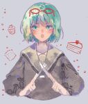  1girl aqua_eyes aqua_hair black_sailor_collar black_shirt black_sleeves cake cake_slice chinese_commentary collarbone collared_shirt commentary_request cookie crumbs cupcake eyelashes eyewear_on_head food fork fruit glasses grey_background highres holding holding_fork holding_knife knife light_blush long_sleeves open_mouth original puffy_long_sleeves puffy_sleeves red-framed_eyewear round_eyewear sailor_collar shirt short_hair simple_background solo sparkle straight-on strawberry upper_body yanmian_(printemps-noir) 