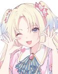  1girl ascot blonde_hair blue_ascot blush fang flower hair_flower hair_ornament heart highres jewelry link!_like!_love_live! long_hair looking_at_viewer love_live! notyu_maru one_eye_closed open_mouth osawa_rurino parted_bangs pink_skirt purple_eyes sidelocks skirt solo two_side_up upper_body white_background 