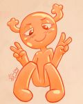  anthro blush cartoon_network featureless_crotch female flat_chested gesture half-closed_eyes horn humanoid looking_down mammal narrowed_eyes nude penny_fitzgerald red_eyes simple_background sitting smile solo soulcentinel the_amazing_world_of_gumball v_sign yellow_body 