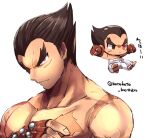  1boy black_eyes black_hair chibi chibi_inset closed_mouth collarbone fingerless_gloves frown gloves kotorai looking_at_viewer male_focus mishima_kazuya pants pectorals red_eyes red_gloves scar scar_on_cheek scar_on_chest scar_on_face studded_gloves tekken thick_eyebrows topless_male translation_request twitter_username v-shaped_eyebrows white_background white_pants 