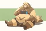 2024 absurd_res anthro belly big_belly canid canine eyewear glasses hi_res male mammal moobs nintendo nintendo_switch overweight overweight_male raccoon_dog riisago simple_background sitting solo tanuki