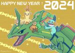  2024 animal_focus black_sclera chinese_zodiac claws colored_sclera colored_skin combusken commentary_request fangs gama3taro green_skin grovyle happy_new_year highres horns joints marshtomp no_humans open_mouth pokemon pokemon_(creature) rayquaza skin_fangs sparkle year_of_the_dragon yellow_background yellow_eyes 