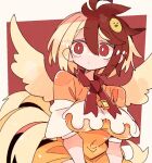  1girl animal_on_head bird bird_on_head breasts bright_pupils chick closed_mouth covered_navel dress large_breasts massakasama multicolored_hair niwatari_kutaka on_head orange_dress red_background red_eyes red_hair short_hair tail touhou two-tone_hair upper_body white_pupils yellow_wings 