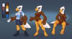  2018 accipitrid accipitriform anthro avian bald_eagle beak bird bottomwear breasts brown_body brown_feathers clothed clothing delivery_(commerce) delivery_employee dress_shirt eagle feathers female front_view fully_clothed genitals model_sheet non-mammal_breasts nude off/on postal_carrier postal_delivery pussy sea_eagle shirt siroc skirt solo standing topwear wendy_clarke 