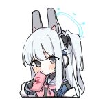  1girl absurdres animal_ears black_gloves blue_archive blue_halo blue_serafuku blush braid cellphone closed_mouth earpiece fake_animal_ears fami_miminmin gloves grey_eyes grey_hair halo highres holding holding_phone long_hair miyako_(blue_archive) neckerchief one_side_up phone pink_neckerchief sailor_collar school_uniform serafuku simple_background smartphone solo upper_body white_background white_sailor_collar 