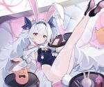  1girl :&lt; absurdres animal_ear_hairband animal_ears azur_lane black_footwear blue_bow blue_hairband blue_leotard bow breasts cocktail commentary fake_animal_ears fake_tail fine_fabric_emphasis grey_hair hair_between_eyes hair_bow hairband high_heels highleg highleg_leotard highres holding holding_tray laffey_(azur_lane) laffey_ii_(azur_lane) laffey_ii_(sleepy_on_a_busy_day)_(azur_lane) legs legs_up leotard long_hair long_legs looking_at_viewer low_twintails lying manjuu_(azur_lane) official_alternate_costume on_back pantyhose rabbit_ears rabbit_tail red_eyes small_breasts solo tail thighband_pantyhose tray triangle_mouth twintails very_long_hair white_pantyhose yuhezi 