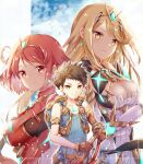  1boy 2girls aegis_sword_(xenoblade) armor blonde_hair blue_bodysuit bodysuit breasts brown_hair cleavage cleavage_cutout clothing_cutout core_crystal_(xenoblade) cowboy_shot dress drop_earrings earrings highres holding holding_sword holding_weapon jewelry large_breasts long_hair looking_at_viewer multiple_girls mythra_(xenoblade) parted_lips pyra_(xenoblade) red_eyes red_hair rex_(xenoblade) short_hair shoulder_armor smile swept_bangs sword tiara ui_frara weapon white_dress xenoblade_chronicles_(series) xenoblade_chronicles_2 yellow_eyes 