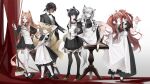  1boy 5girls absurdres alternate_costume angelina_(arknights) animal_ears apron archetto_(arknights) arknights black_bow black_bowtie black_choker black_dress black_footwear black_hair black_jacket black_pants black_pantyhose black_umbrella blonde_hair blue_eyes bow bowtie braid braided_hair_rings breasts broom brown_eyes brown_hair butler cake candle choker closed_mouth closed_umbrella commentary crossed_bangs dark-skinned_male dark_skin dated_commentary dress enmaided food fox_ears fox_girl fox_tail frilled_apron frilled_dress frills full_body gloves gold_footwear green_eyes grey_eyes grey_hair grey_vest hair_between_eyes hair_ornament hair_ribbon hair_rings hairclip hand_on_own_hip heterochromia high_heels highres holding holding_candle holding_cloth holding_suitcase holding_tray holding_umbrella jacket juliet_sleeves kitsune knee_up kyuubi lappland_(arknights) lion_ears lion_girl lion_tail long_hair long_sleeves looking_at_viewer maid maid_apron maid_headdress male_focus medium_breasts medium_dress messy_hair multiple_girls multiple_tails one_eye_closed open_mouth orange_eyes pants pantyhose plate pocket_watch ponytail puffy_short_sleeves puffy_sleeves red_eyes ribbon shirt shoes short_dress short_hair short_sleeves sidelocks simple_background sitting sitting_on_table skirt_hold standing strawberry_shortcake suit suit_jacket suitcase suyi-j suzuran_(arknights) tail texas_(arknights) thighhighs thorns_(arknights) tray twin_braids twintails umbrella very_long_hair vest waistcoat watch white_apron white_background white_gloves white_headdress white_headwear white_pantyhose white_ribbon white_shirt white_thighhighs wolf_ears wolf_girl wolf_tail zettai_ryouiki 
