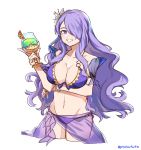  1girl :d arm_under_breasts breasts camilla_(fire_emblem) cleavage collarbone commentary commission cowboy_shot cropped_legs cup english_commentary fire_emblem flower graysheartart groin hair_flower hair_ornament hair_over_one_eye holding holding_cup large_breasts long_hair looking_at_viewer open_mouth purple_eyes purple_hair sidelocks simple_background smile solo twitter_username wavy_hair white_background 