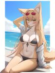  1girl absurdres animal_ear_fluff animal_ears bikini black_bikini breasts brown_hair eyewear_on_head fox_ears fox_girl fox_tail furry furry_female hair_between_eyes highres jeifier_(korfiorano01) long_hair looking_at_viewer medium_breasts original side-tie_bikini_bottom solo sunglasses swimsuit tail yellow_eyes 