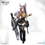 1girl animal_ears antlers arknights bag black_skirt black_thighhighs boots breasts cleavage coldshot_(arknights) company_name copyright_name cup deer_antlers deer_ears green_eyes gun hair_over_one_eye highres holding holding_cup large_breasts long_hair mag_(mag42) official_art purple_hair shirt shoulder_bag skirt solo tachi-e thighhighs very_long_hair weapon yellow_shirt 