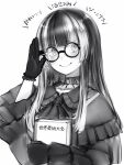  1girl absurdres adjusting_eyewear ascot blunt_bangs book character_request check_character choker frilled_sleeves frills glint gloves greyscale hand_on_eyewear highres holding holding_book hololive hololive_english long_hair looking_at_viewer monochrome multicolored_hair nanashi_(nlo) round_eyewear shiori_novella sidelocks simple_background smile solo translated two-tone_hair upper_body virtual_youtuber wide_sleeves 