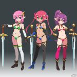  3girls armor bikini bikini_armor breasts full_body gloves gradient_background green_eyes hand_on_own_hip high_ponytail holding holding_sword holding_weapon long_hair mabius multiple_girls navel original pink_hair pixel_art pointy_ears purple_eyes purple_hair red_eyes short_hair simple_background small_breasts standing swimsuit sword thighhighs twintails very_long_hair weapon 