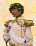  2024 absurdres armor dreadlocks earrings hand_on_own_hip highres jewelry looking_at_viewer lucio_(overwatch) medal overwatch overwatch_2 pauldrons petitquartz prince red_visor sash shirt shoulder_armor white_shirt yellow_background 