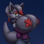 anthro areola big_breasts breasts chameloshi clothed clothing ear_piercing ear_ring female generation_5_pokemon grey_areola hi_res huge_breasts looking_at_viewer nintendo partially_clothed pasties piercing pokemon pokemon_(species) ring_piercing solo taylor_(chameloshi) undressing zorua