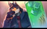  1boy animal_ear_fluff animal_ears another_eidos-r bara barlitz_(another_eidos) blue_eyes blue_shirt blurry cup depth_of_field dog_boy dog_ears drinking_glass fang fingerless_gloves furry furry_male gloves gradient_background head_rest highres ice ice_cube kukku_kuu letterboxed looking_at_object male_focus multicolored_fur necktie open_mouth red_necktie shirt solo upper_body 