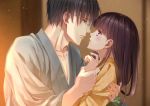  1boy 1girl adam&#039;s_apple black_hair blue_eyes blush brown_hair couple eye_contact glasses hair_between_eyes hetero holding_hand indoors izumi_(stardustalone) japanese_clothes kimono long_hair looking_at_another profile purple_eyes renri_no_chigiri_wo_kimi_to_shiru upper_body 