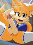 anthro anus blue_eyes book canid canine clothing desk erection fangs fox foxkai fur furniture genitals hi_res legwear lying male mammal miles_prower necktie on_back on_desk open_mouth paper pencil_(object) penis school_uniform sega solo sonic_the_hedgehog_(series) spread_legs spreading table tan_body tan_fur teeth thigh_highs uniform yellow_body yellow_fur