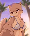 2024 anthro breasts brown_body brown_fur chest_tuft clothed clothing detailed_background digital_media_(artwork) female fur head_tuft looking_at_viewer mammal mustelid otter outside palm_tree plant sky solo tohupo tree tuft