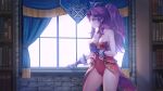  1girl anbe_yoshirou angela_(seiken_densetsu_3) bare_shoulders breasts closed_mouth commentary_request covered_navel earrings frown gloves green_eyes hat highres indoors jewelry leotard long_hair medium_breasts pensive pointy_ears purple_gloves purple_hair red_leotard seiken_densetsu seiken_densetsu_3 solo very_long_hair 
