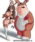  1boy 1girl absurdres amber_(genshin_impact) animal_costume baron_bunny_(genshin_impact) baron_bunny_(genshin_impact)_(cosplay) bdsm bondage boots bound bound_arms bound_leg breast_bondage breasts brown_hair cigar cleft_chin cosplay costume esgarot_iv family_guy fat fat_man genshin_impact gloves hair_ribbon highres long_eyelashes long_hair medium_breasts mouth_hold nipples orange_ribbon peter_griffin rabbit_costume ribbon rope shibari single_thigh_boot smoking standing standing_on_one_leg thigh_boots white_footwear white_gloves yellow_eyes 